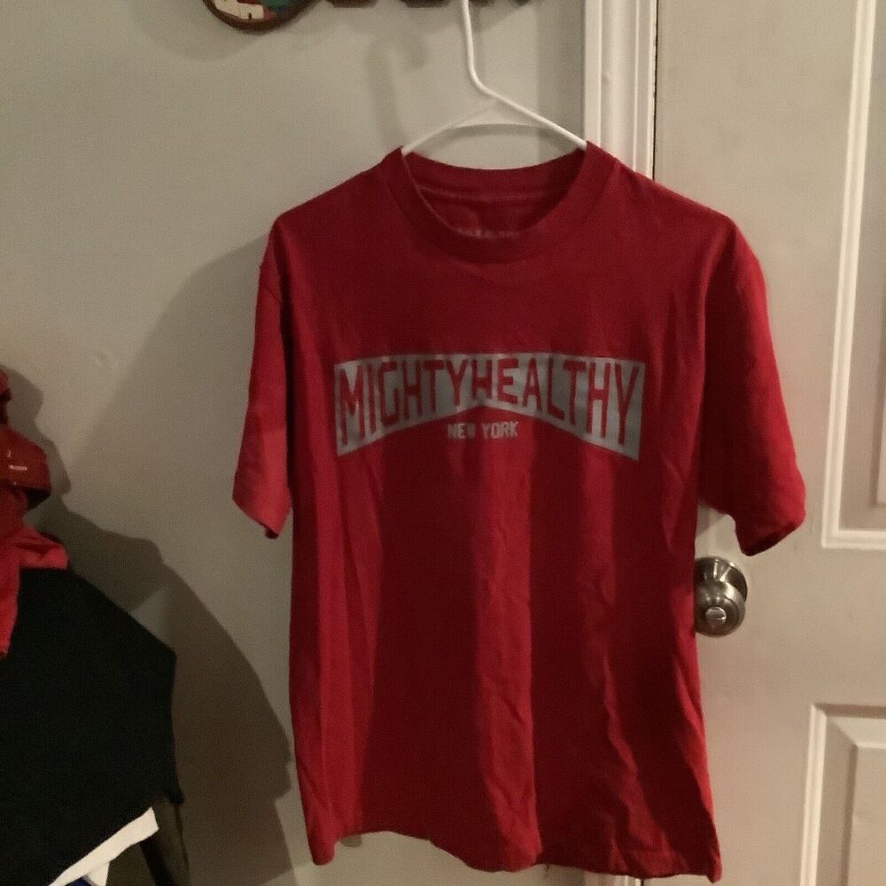 Mighty Healthy Men's Size M Medium T Shirt Red & Gray Short Sleeve Graphic Tee